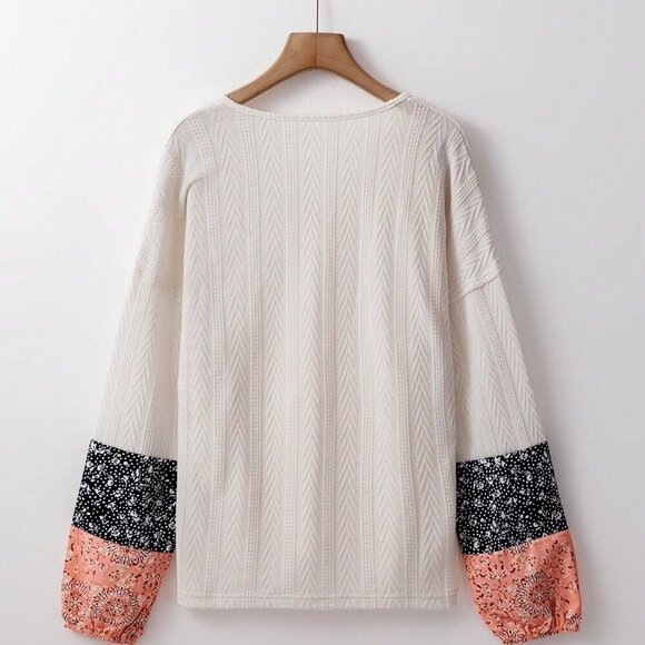 Beige Casual Women's multi Pattern Long Sleeve Loose V-Neck Pullover top - Picture 5 of 8